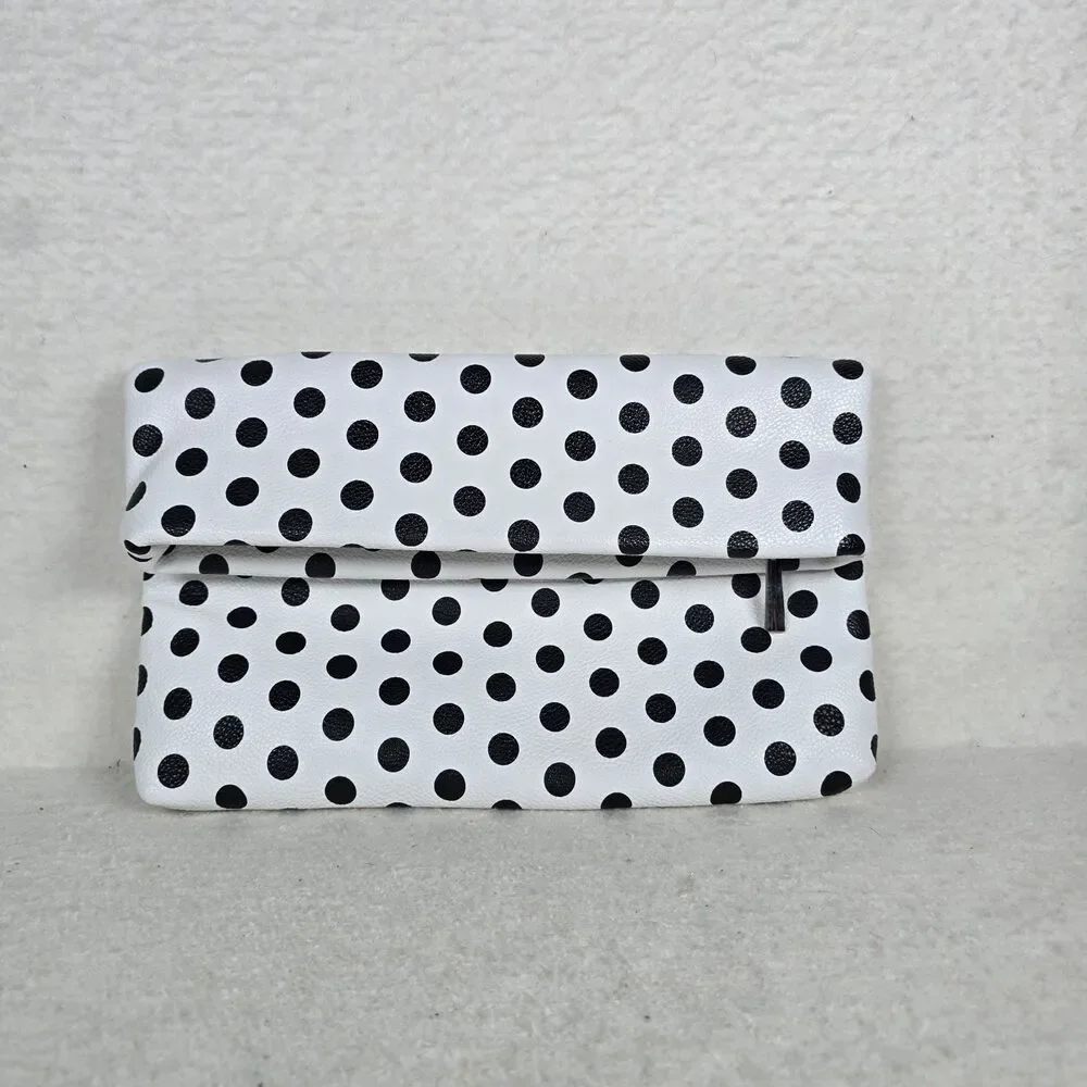 Versona Black and White Polka-dot Foldover Clutch With Metal Strap